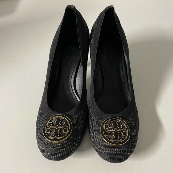 Tory Burch Pump Caroline Tweed Black Gold Round Toe Logo 9 M 3" Heel - Picture 4 of 11